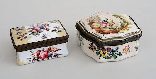 ENGLISH FLORAL-DECORATED ENAMEL BOX AND A CONTINENTAL FAN-SHAPED BOX