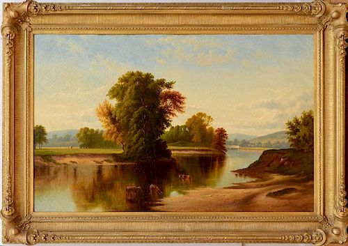 AMERICAN SCHOOL: RIVER LANDSCAPE WITH COWS