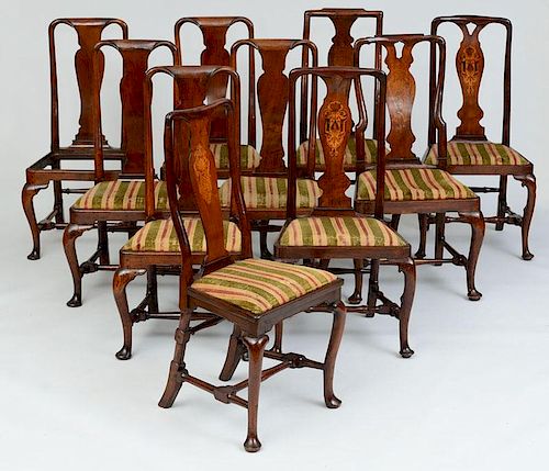 ASSEMBLED SET OF TEN QUEEN ANNE WALNUT AND MAHOGANY DINING CHAIRS