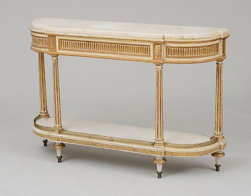 PAIR OF LOUIS XVI STYLE ORMOLU-MOUNTED CREAM-PAINTED AND PARCEL-GILT CONSOLES
