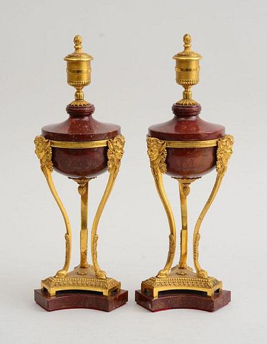 PAIR OF LOUIS XVI STYLE GILT-BRONZE MOUNTED ROUGE ROYALE MARBLE CANDLESTICKS