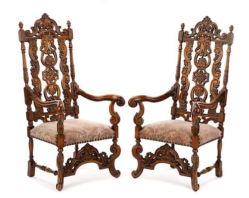 Pair of Jacobean Style Walnut Open Armchairs