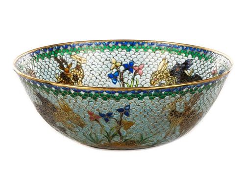 Chinese Plique a Jour Bowl with Rabbits & Deer