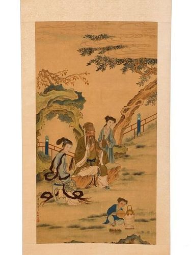Chinese Scroll Painting on Silk, Figures in Garden