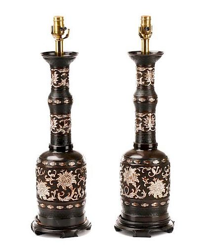 Pair of Japanese Bronze & Cloisonne Lamps