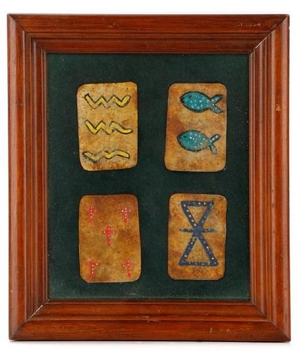 Four Framed Native American Hide Playing Cards