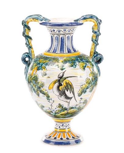 Majolica Footed Urn With Intertwined Snake Handles