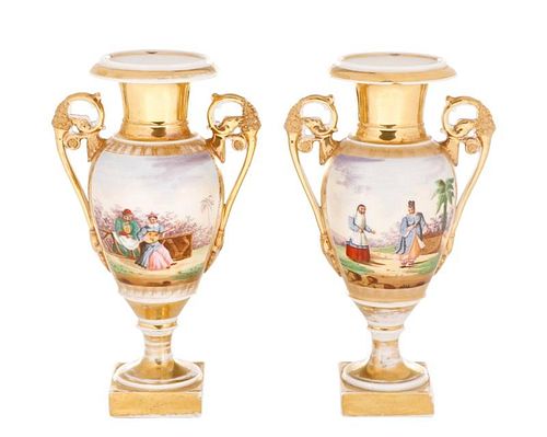 Pair of Old Paris Figural & Gilt Porcelain Urns