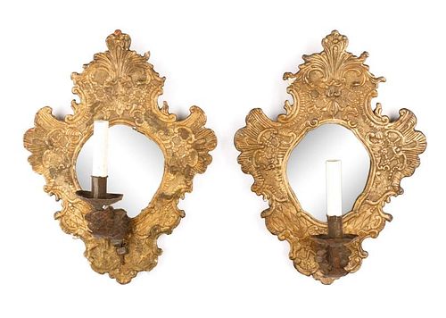 Pair of French Giltwood Mirrored Sconces, 18th C