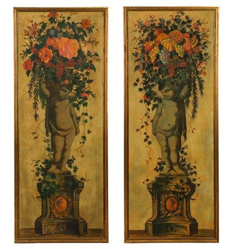 Pair of Hand Painted Panels, Cherub With Topiary