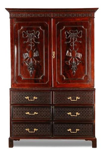 Chinese Chippendale Mahogany Linen Press, 19th C.