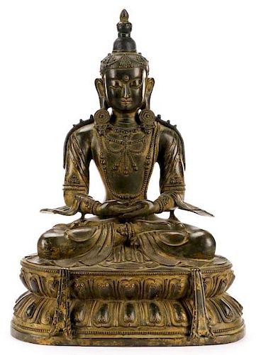 19th C. Amitabha Buddha, Polychrome & Gilt Bronze