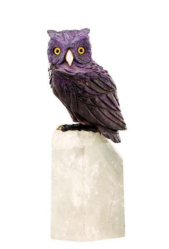 Purple Hard Stone Lapidary Owl On Quartz Base