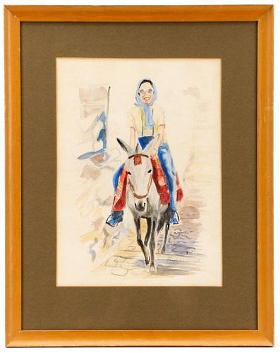 Jean Flanigen Signed Watercolor, Woman on Mule