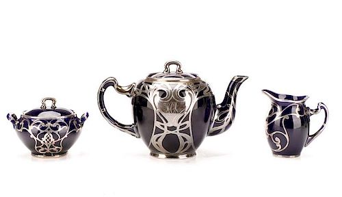 Cobalt Blue & Silver Overlay, 3 Piece Tea Service