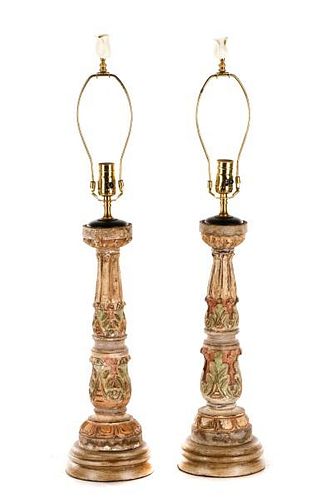 Pair of Italian Carved & Polychrome Wood Lamps
