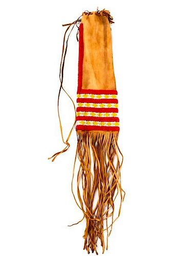 Native American Beaded And Fringed Hide Pipe Bag