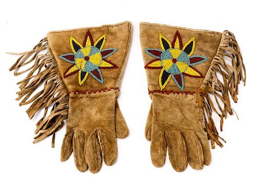 Pair, Blackfoot Tribe Beaded Hide Gauntlet Gloves
