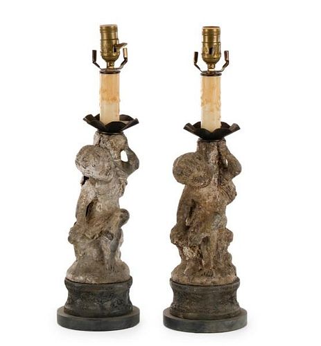 Pair of Weathered Plaster Figural Table Lamps