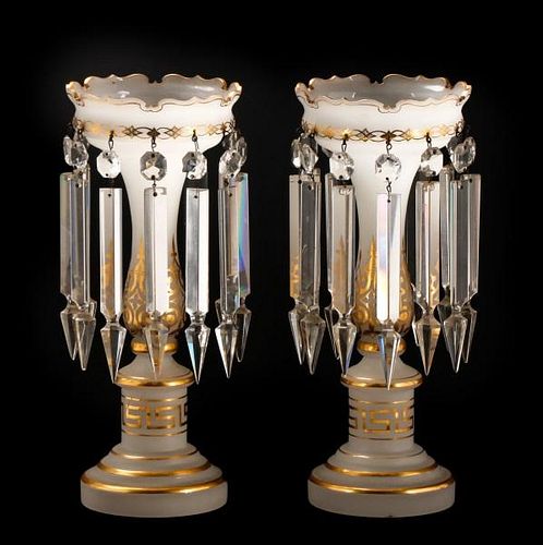 Pair of Opaline & Gilt Accented Glass Lustres