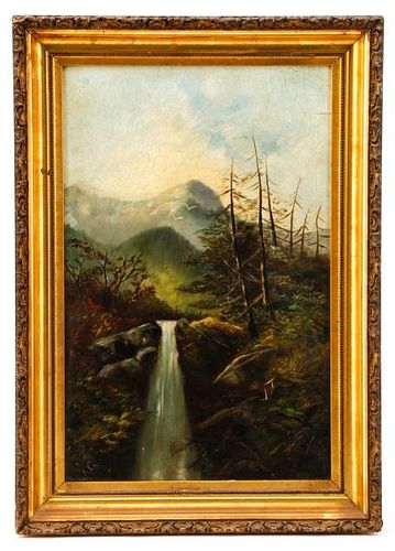 Wilderness Landscape with Waterfall, Signed