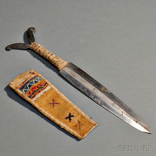 Athabascan Double Volute Knife with Beaded Hide Sheath