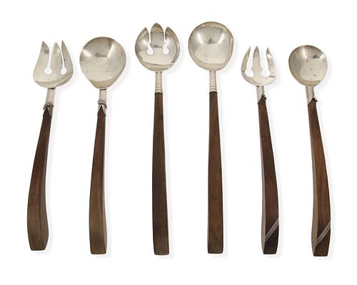 Three sterling silver and rosewood salad serving sets