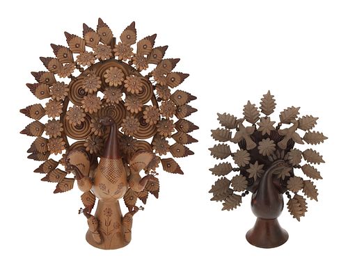 Two Arbol de la Vida tree of life pottery sculptures