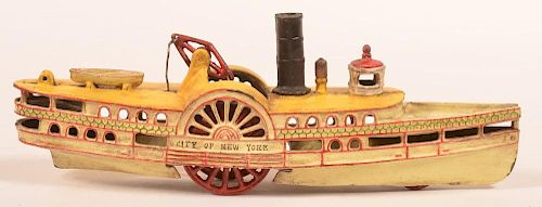 Painted Cast Iron Paddle Wheel Boat Pull Toy.