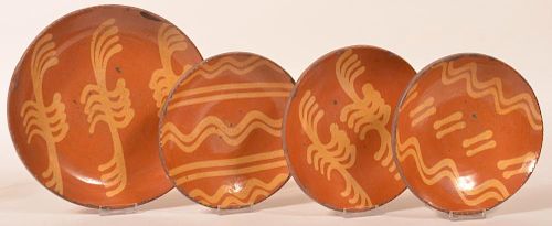 4 Greg Shooner Redware Slip Decorated Plates.