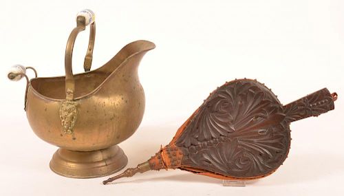 Brass Coal Bucket and Carved wood Bellows.