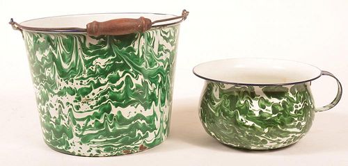 Two Pieces of Green Large Swirl Granite Ware.