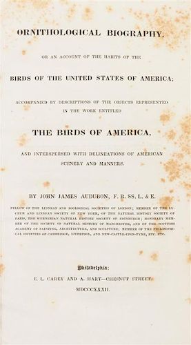 * AUDUBON, JOHN JAMES. Ornithological Biography... 5 vols. Large 8vo. First edition w/ Audubon's text to accompany plate vols. 1