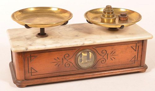 Walnut and marble Victorian balance scales