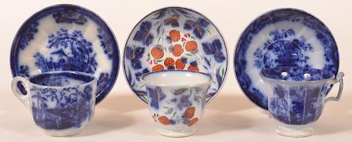 Three Flow Blue Ironstone China Cups & Saucers.