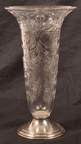 Hawkes Sterling Base Cut Glass Trumpet Vase.