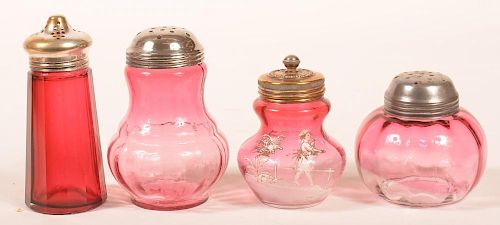 4 Various Victorian Cranberry Art Glass Shakers.