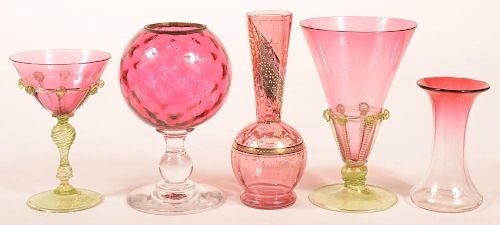 5 Various Pieces of Victorian Cranberry Art Glass.