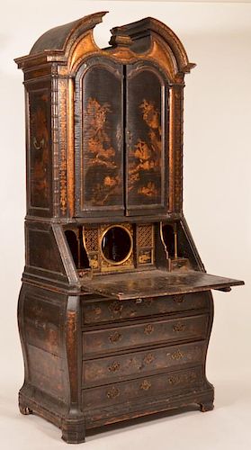 English 18th century Bombe Chinoiserie Black Lacquered Secretary Desk