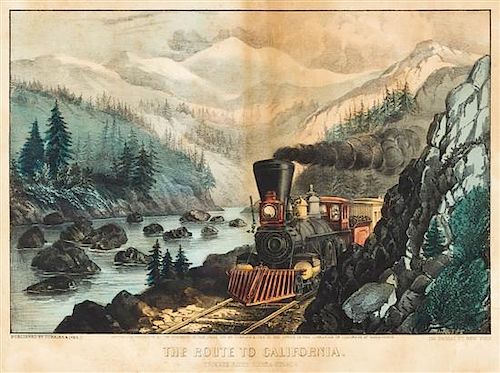 CURRIER & IVES. The Route to California. New York, 1871. Lithograph with hand coloring. Framed.