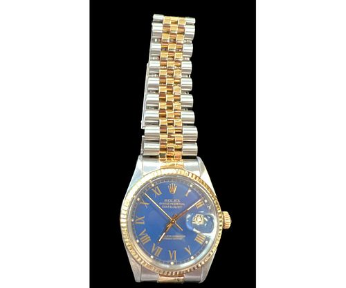 TWO-TONE GOLD ROLEX DATEJUST BLUE DIAL WATCH