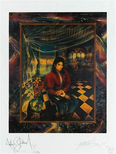 (JACKSON, MICHAEL) LIVINGSTONE STRONG, BRETT. The Book, Michael Jackson, 1990. Color screenprint. Signed by Jackson and Livingst