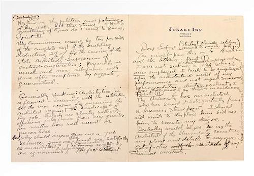 WRIGHT, FRANK LLOYD. Autographed letter signed ("F.L.L.W."), 4pp., on Jokake Inn letterhead, ca. 1925.