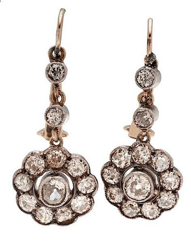Silver-Topped European Cut Diamond Dangle Earrings  