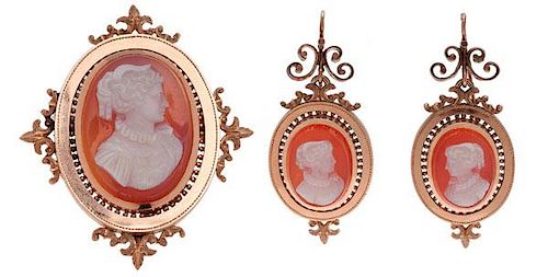 Cameo Earrings and Brooch/Pendant in 14 Karat Rose Gold 