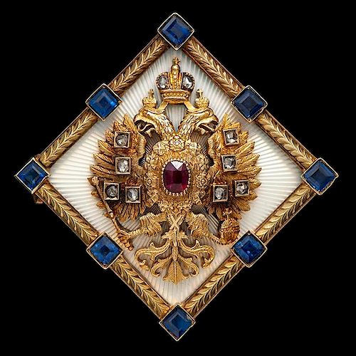 Faberge Romanov Imperial Eagle Brooch with Ruby, Sapphires and Diamonds, Ca 1905 