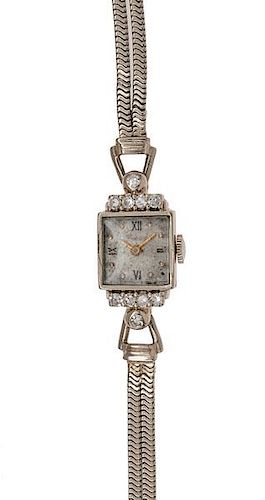 Cortebert 14 Karat White Gold and Diamond Wrist Watch 