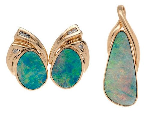 Idaho Opal and Gem Co. Boulder Opal Pendant and Earrings in 14 Karat Yellow Gold 