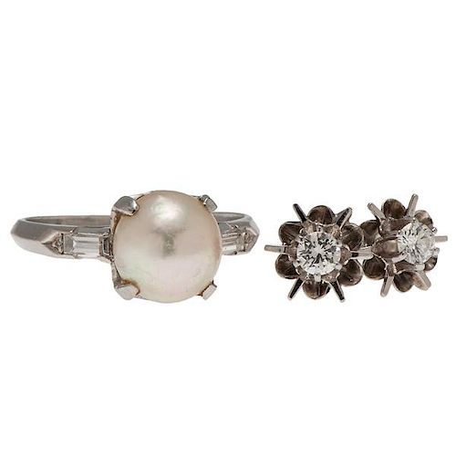 Platinum, Diamond and Pearl Ring PLUS Diamond Earrings 
