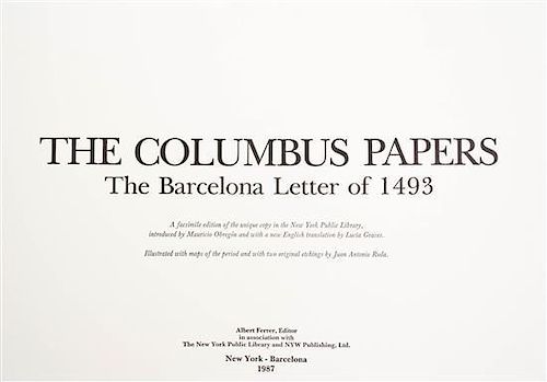 (COLUMBUS, CHRISTOPHE) The Columbus Papers; The Barcelona Letter of 1493. NY, 1987.